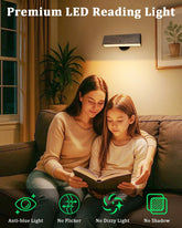 Woman and child reading a book together with a Premium LED Reading Light above them.